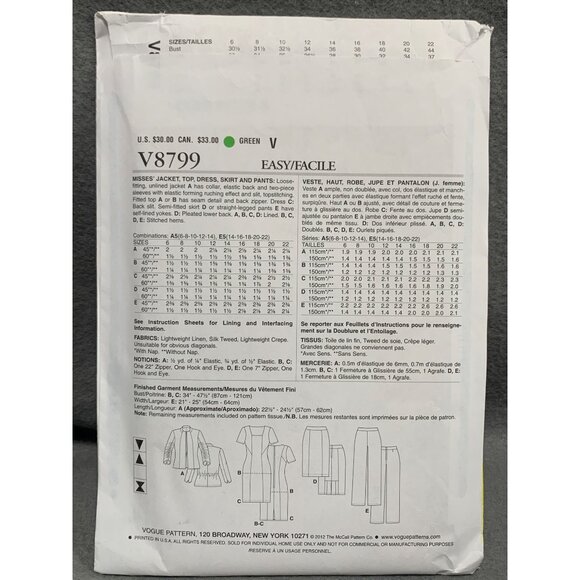 Vogue Pattern V8799 Misses Jacket Dress Skirt Pant Size 6-14 uncut - Picture 2 of 2